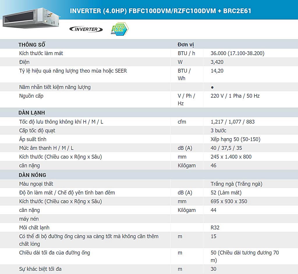 may-lanh-giau-tran-noi-ong-gio-daikin-inverter-40hp-fbfc100dvmrzfc100dvm-brc2e61-thong-so