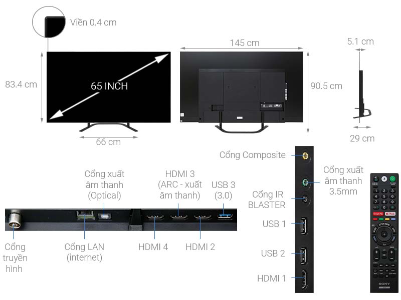 Thông số kỹ thuật Android Tivi OLED Sony 4K 65 inch KD-65A8G