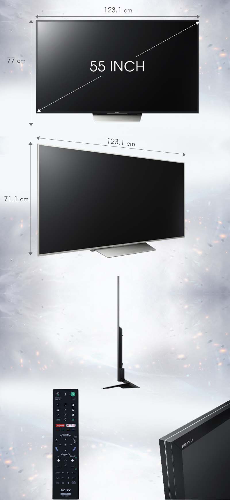 Android Tivi Sony 55 inch KD-55X8500D - Kích thước tivi