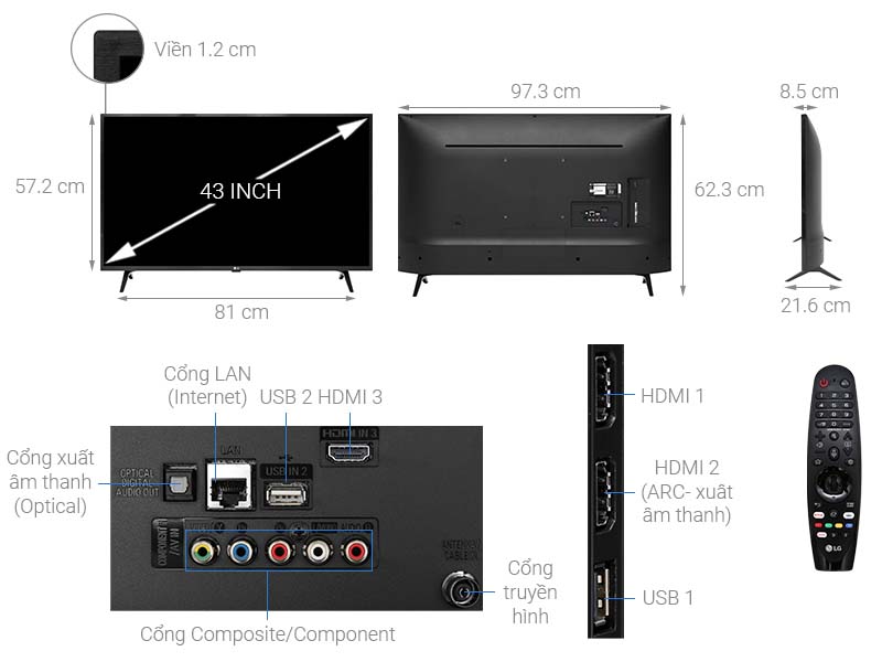 Thông số kỹ thuật Smart Tivi LG 4K 43 inch 43UM7300PTA