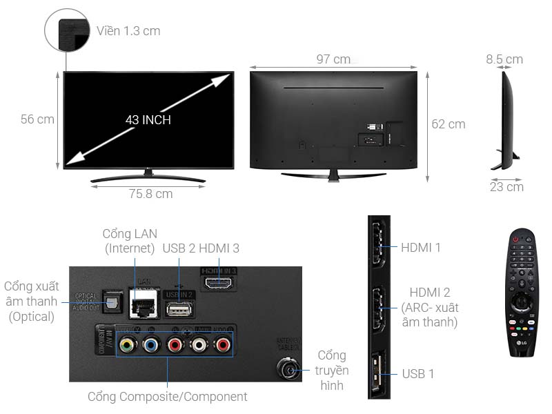 Thông số kỹ thuật Smart Tivi LG 4K 43 inch 43UM7400PTA