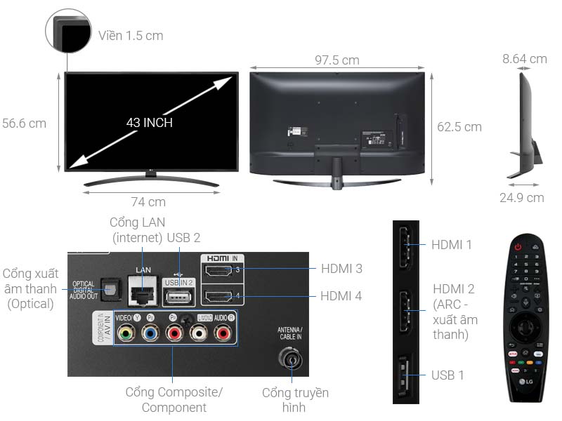 Thông số kỹ thuật Smart Tivi LG 4K 43 inch 43UM7600PTA