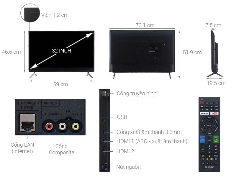 Thông số kỹ thuật Smart Tivi Sharp HD 32 inch LC-32SA4500X