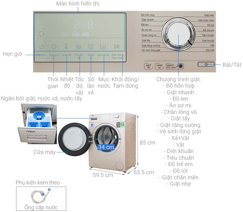 Thông số kỹ thuật Máy giặt Aqua Inverter 10.5 kg AQD-D1050E N