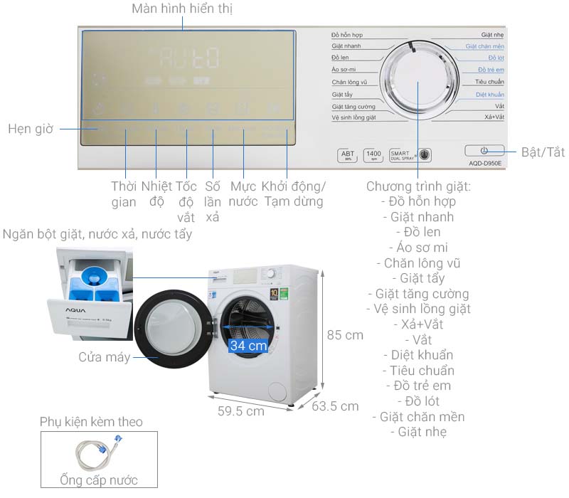 Thông số kỹ thuật Máy giặt Aqua Inverter 9.5 kg AQD-D950E W