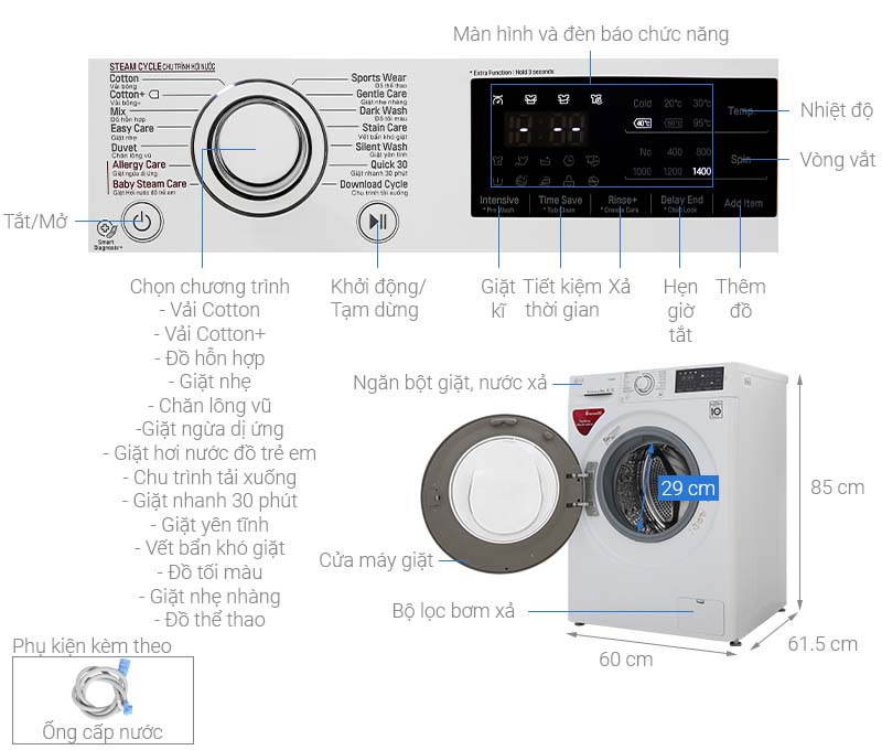 Thông số kỹ thuật Máy giặt LG Inverter 8 kg FC1408S5W