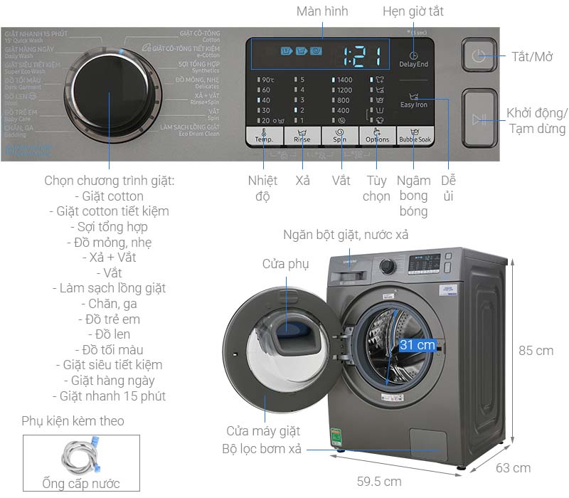 Thông số kỹ thuật Máy giặt Samsung Addwash Inverter 10 kg WW10K54E0UX/SV