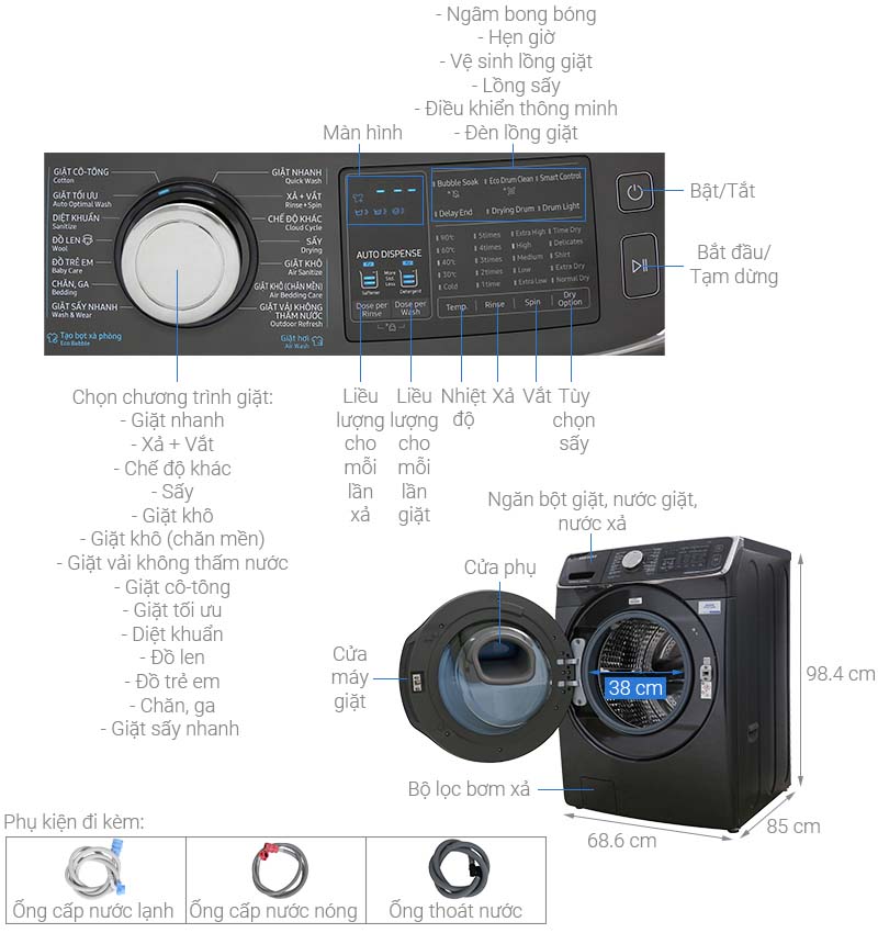 Thông số kỹ thuật Máy giặt sấy Samsung Add Wash Inverter 19 kg WD19N8750KV/SV