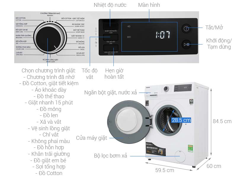 Thông số kỹ thuật Máy giặt Toshiba Inverter 8.5 Kg TW-BH95S2V WK