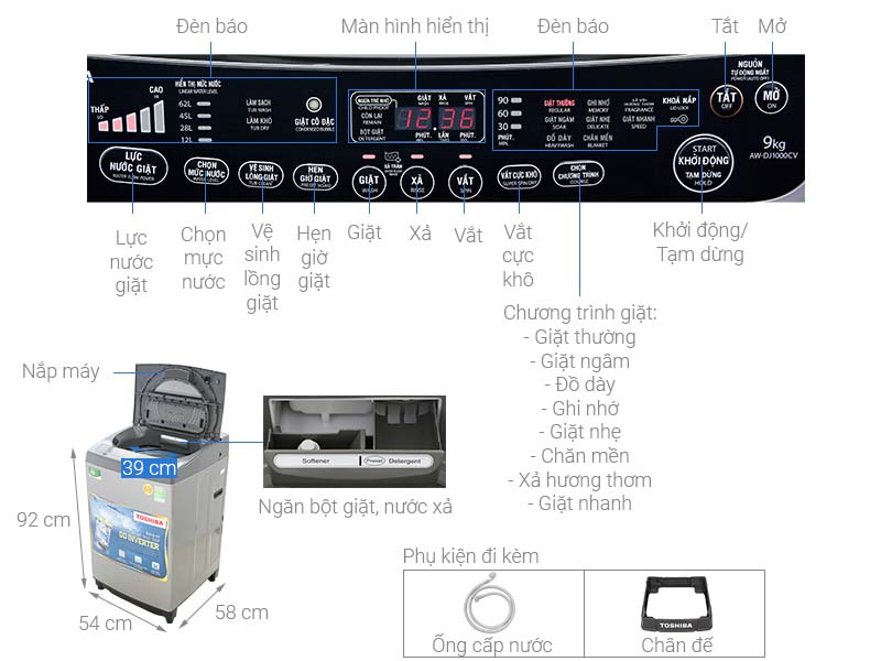 Thông số kỹ thuật Máy giặt Toshiba Inverter 9 Kg AW-DJ1000CV SK